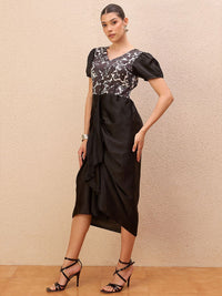 Antheaa Women Puff Sleeve Satin Sheath Midi Dress