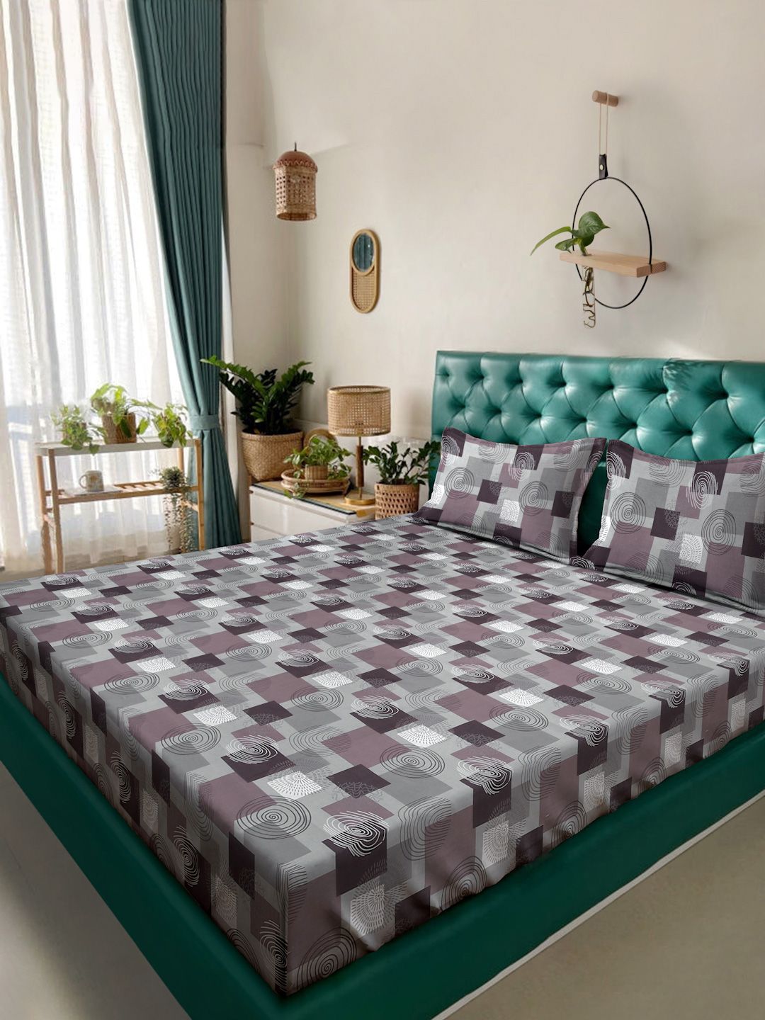 Myntra Elegant Homes Purple Geometric Fitted 400TC Cotton Set Cadar King 2.50 mx 2.25 m