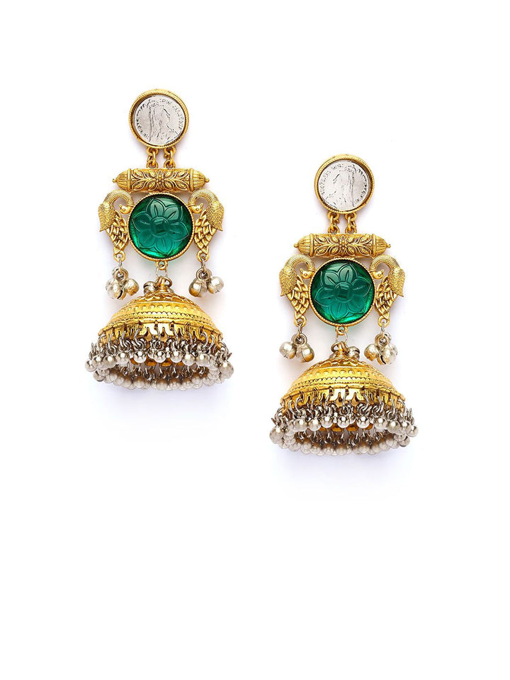 KARATCART Gold-Plated Dome Shaped Bird Motif Kundan Studded & Beaded Jhumkas
