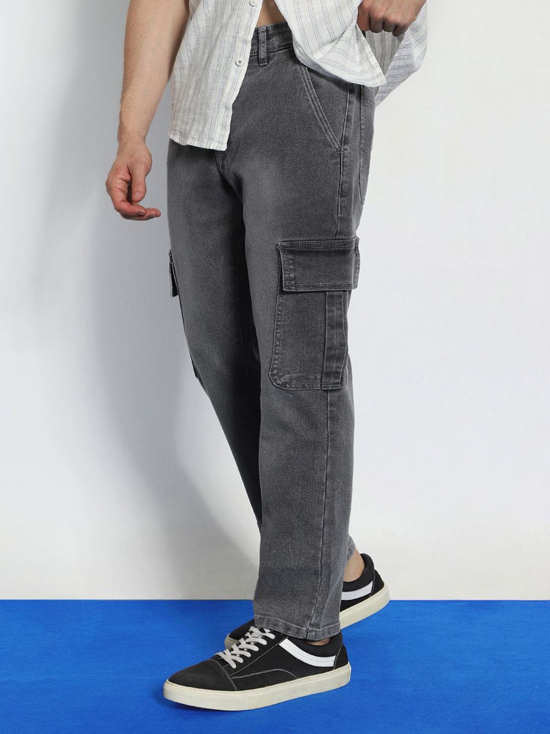 Urbano Fashion Men's Light Grey Regular Fit Washed Cargo Jeans With 6 Pockets Stretchable