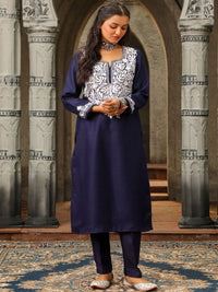 House of Chikankari Women Blue Woolen Aari Sulam Set Kurta