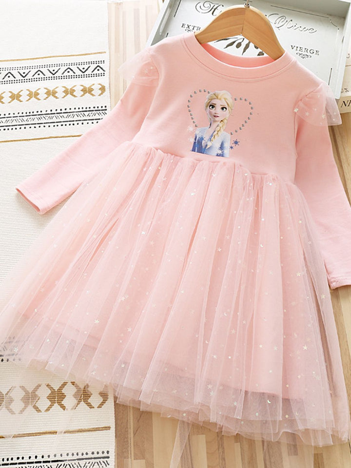 YK Girls Cartoon Characters Printed Fit & Flare Knee Length Dress