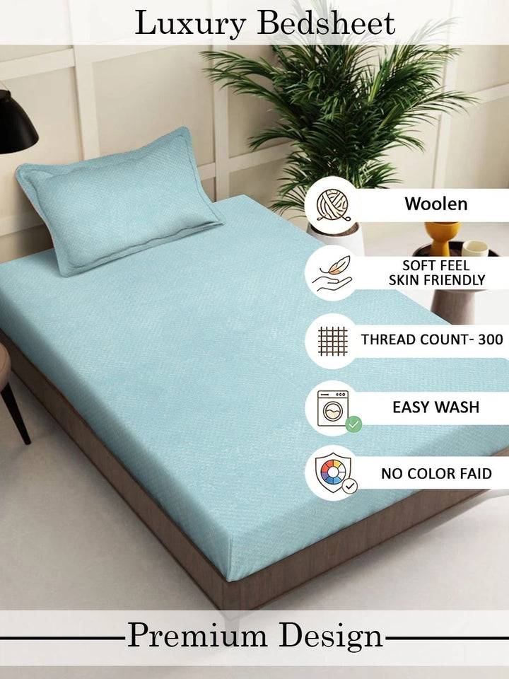 Myntra Elegant Homes Blue Solid Fitted 300 TC Wool Single Bedsheet with 1 Pillow Covers