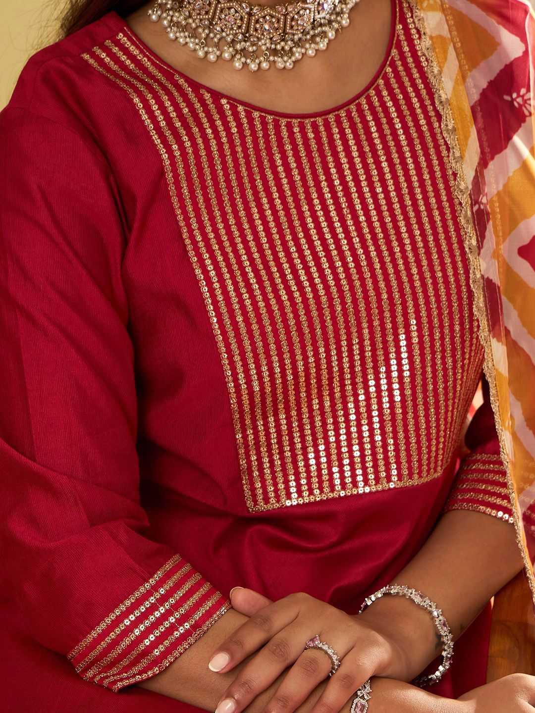 Indo Era Chevron Embroidered Sequinned Liva A-Line Kurta With Trousers & With Dupatta