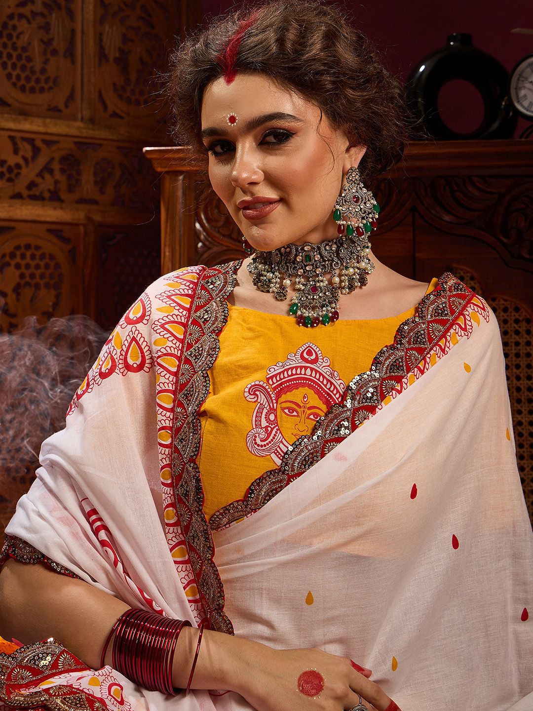 Saree mall Peach Cotton Ethnic Embellished Durga Puja Saree