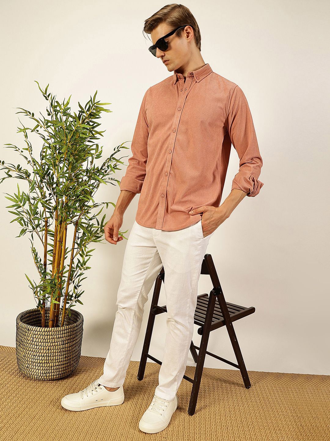 Thomas Scott Men Premium Corduroy Slim Fit Button-Down Collar Casual Shirt