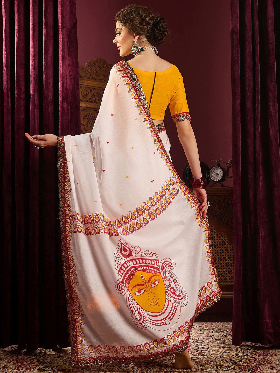 Saree mall Peach Cotton Ethnic Embellished Durga Puja Saree