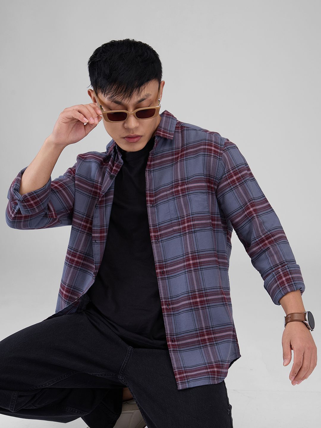 VASTRADO Men Classic Spread Collar Tartan Checked Cotton Slim Fit Casual Shirt