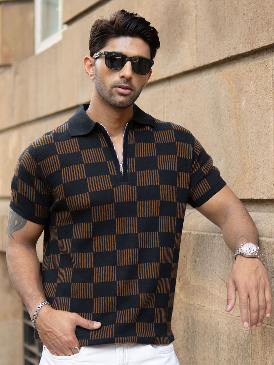 Powerlook Men Checked Polo Collar T-shirt