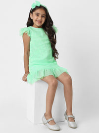 Nauti Nati Girls Green Mesh Embellished Sequin Party Frock With Headband