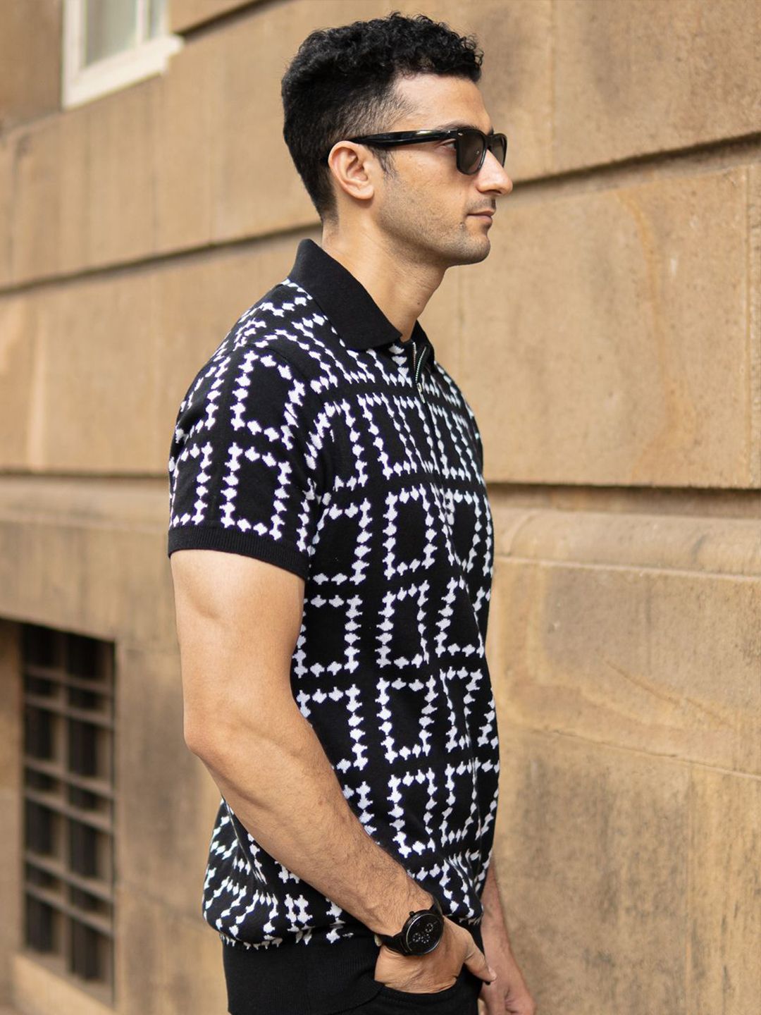 Powerlook SS25 Geometric Knit Polo Collar Pure Cotton T-Shirt