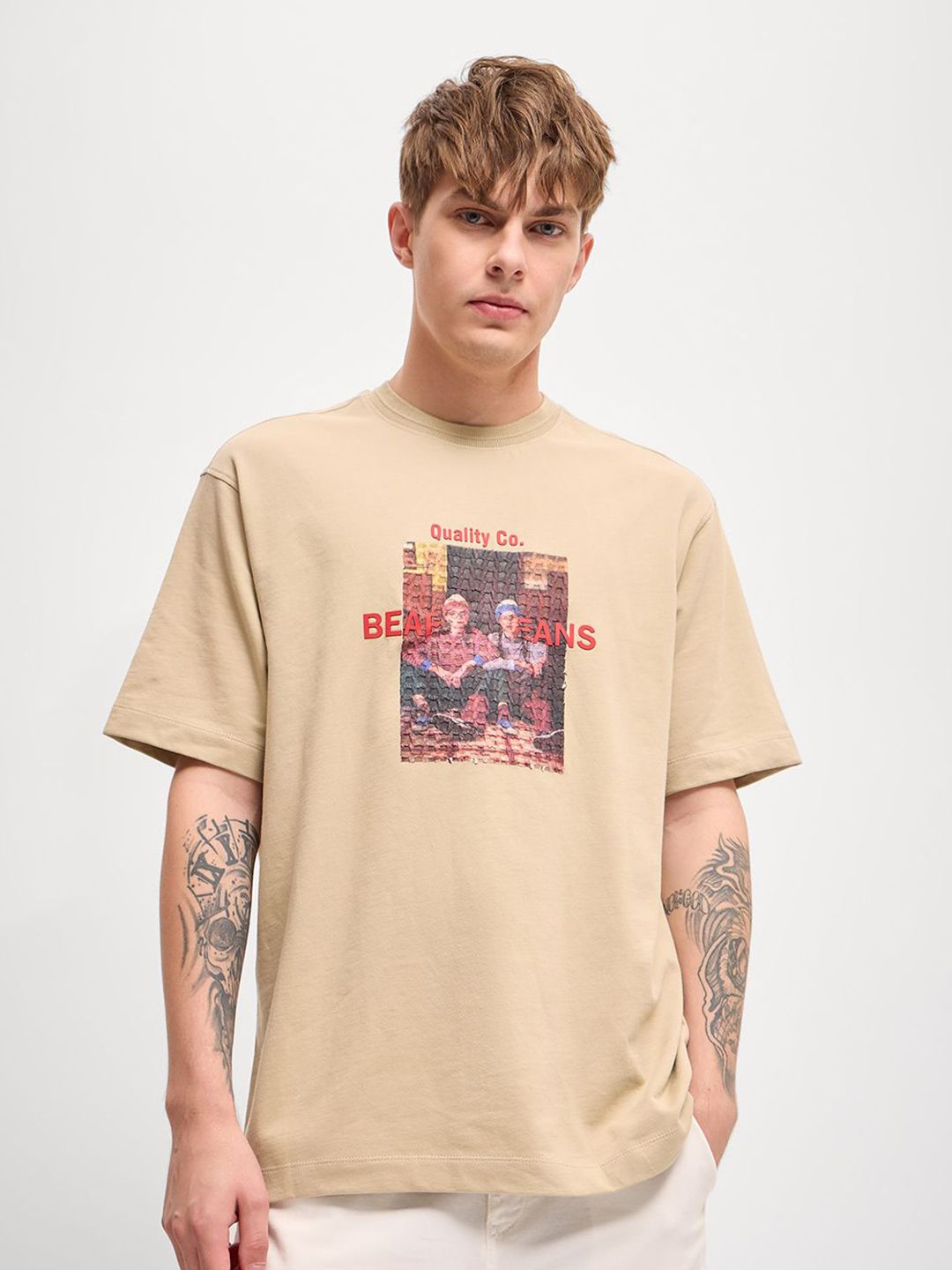 THE BEAR HOUSE Men Graphic Printed Round Neck Pure Cotton Oversized T-shirt