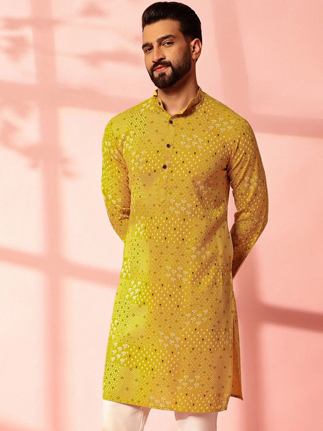 Anouk Floral Printed Band Collar Cotton Linen Straight Kurta