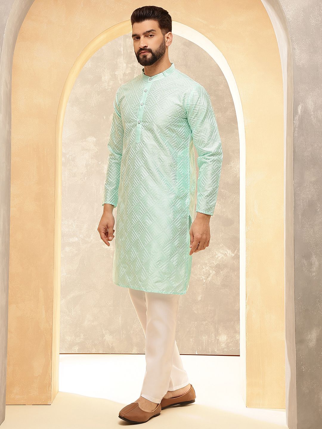 Anouk Sea Green Geometric Embroidered Mandarin Collar Straight Kurta With Pyjamas