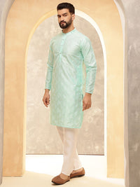 Anouk Sea Green Geometric Embroidered Mandarin Collar Straight Kurta With Pyjamas