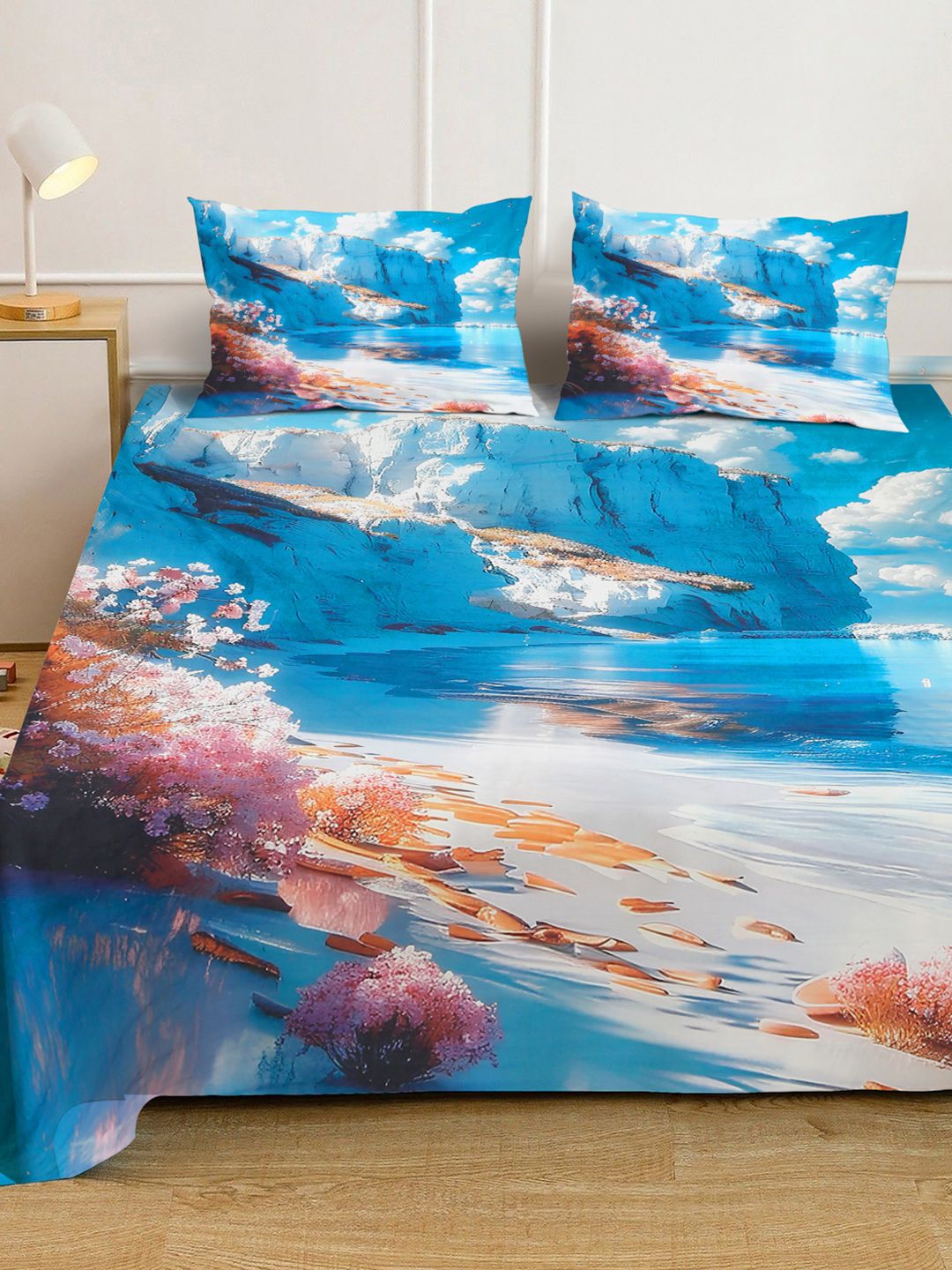 Klotthe Floral Printed 400 TC Double King 7D Bedsheet With 2 Pillow Cover-2.50 m x 2.25m