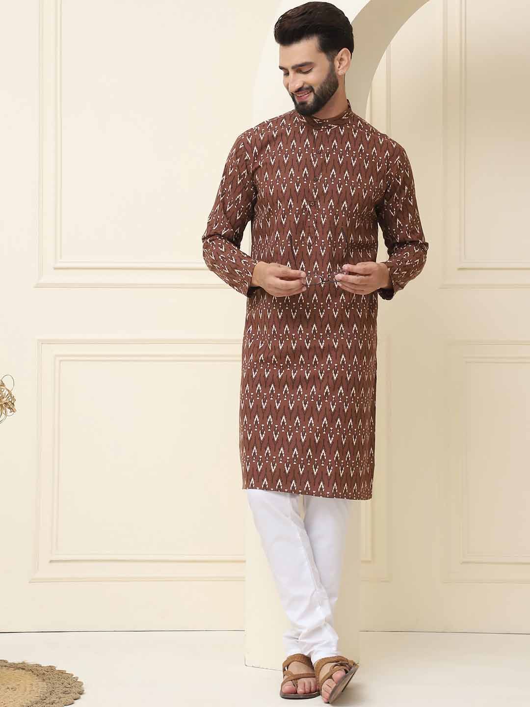 SOJANYA Motif Etnik Bercetak Kolar Jalur Biasa Kapas Tulen Kurta Lurus