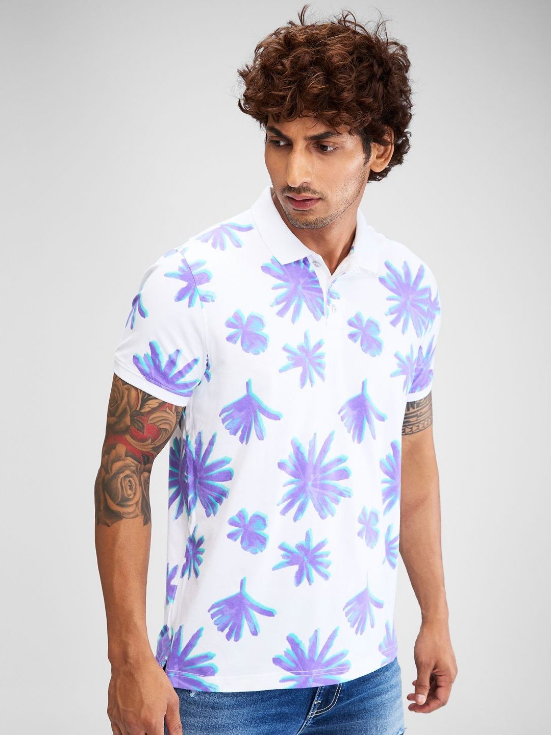 SPYKAR Men Floral Printed Polo Collar Tropical Slim Fit T-shirt