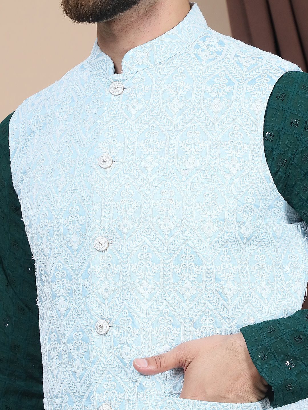 Anouk Floral Embroidered Sequinned Pure Cotton Straight Kurta With Churidar & Nehru Jacket