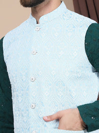 Anouk Floral Embroidered Sequinned Pure Cotton Straight Kurta With Churidar & Nehru Jacket