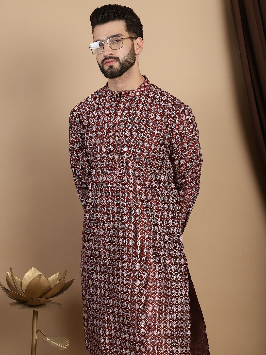 Anouk Geometric Printed Mandarin Collar Regular Straight Kurta With Churidar