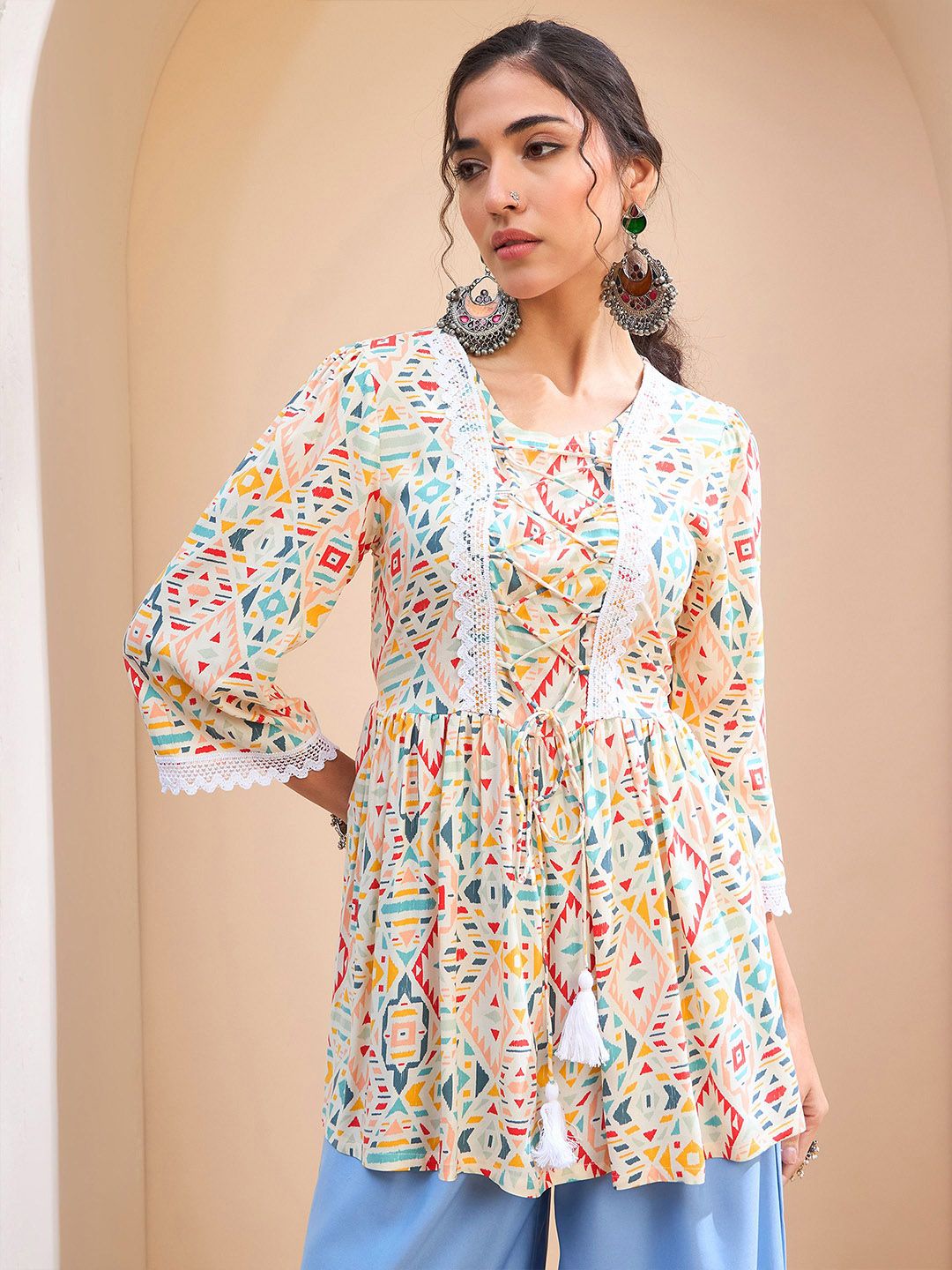 Shae by SASSAFRAS Geometric Printed Gotta Patti Gotta Patti Pleated Kurti