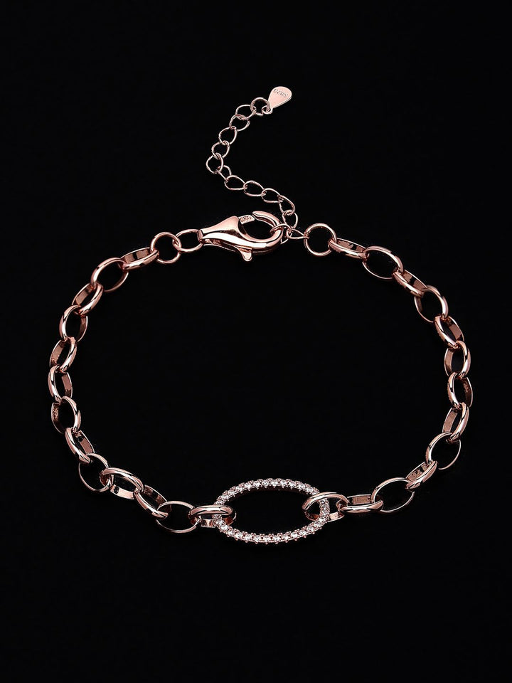PANASH 925 Sterling Silver Rose Gold-Plated Cubic Zirconia Studded Link Bracelet