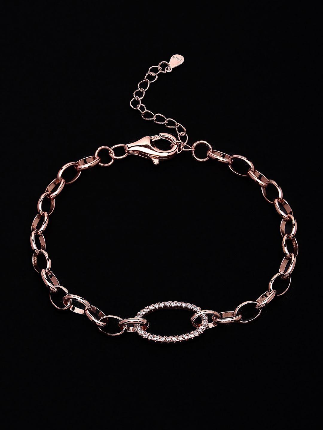 PANASH 925 Sterling Silver Rose Gold-Plated Cubic Zirconia Studded Link Bracelet