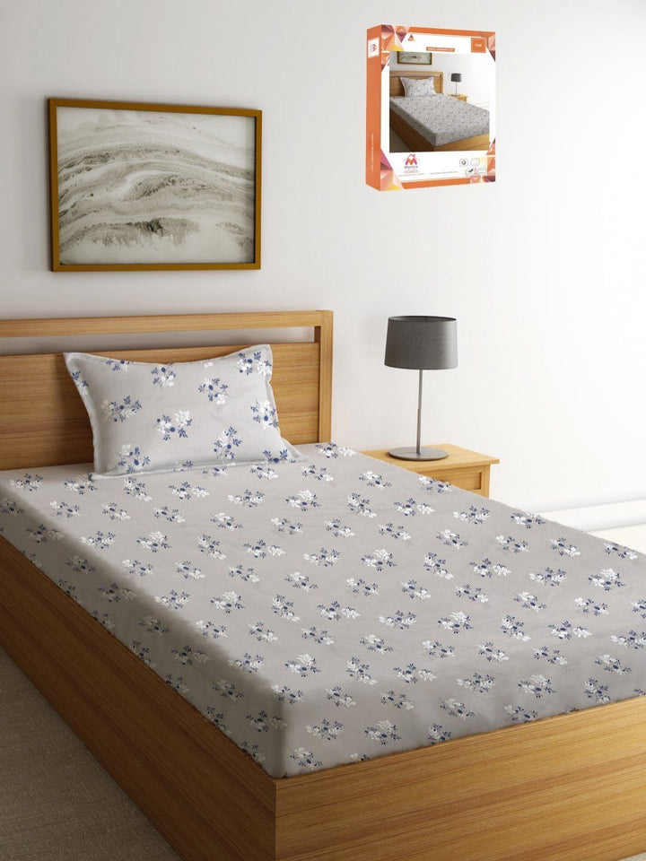 Myntra Elegant Homes Grey Floral Polycotton 300 TC Single Cadar Halus dengan Sarung Bantal-87 x 59 inci