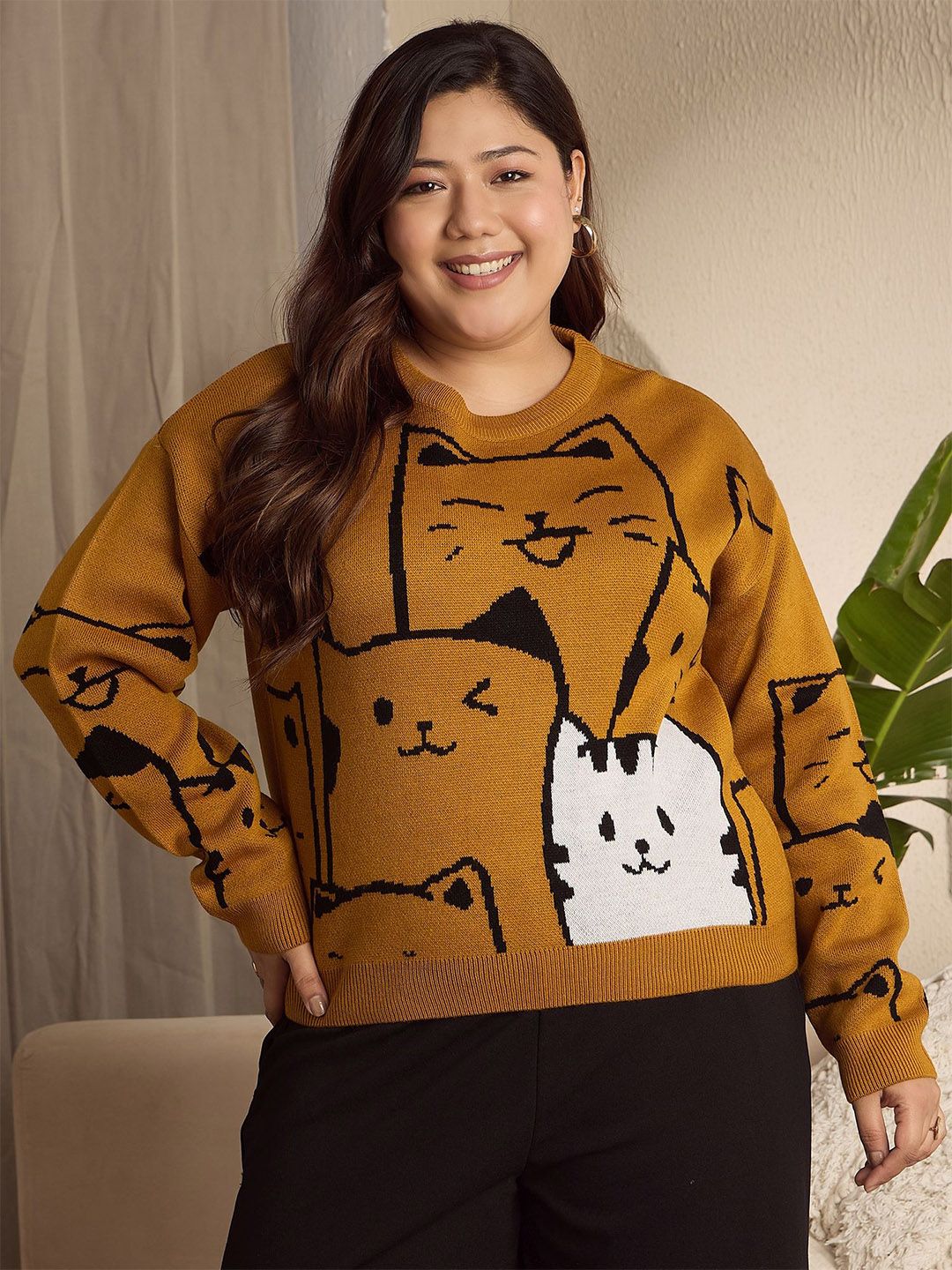 Berrylush Curve Women Graphic Printed Round Neck Long Sleeves Pullover Sweater