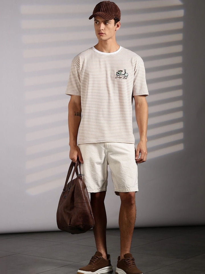 Eszett Drop Shoulder Vintage Ride Cream Striped Embroidered Cotton Round Neck Oversized Fit T-shirt