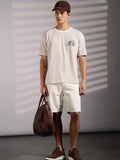 Eszett Drop Shoulder Vintage Ride Cream Striped Embroidered Cotton Round Neck Oversized Fit T-shirt