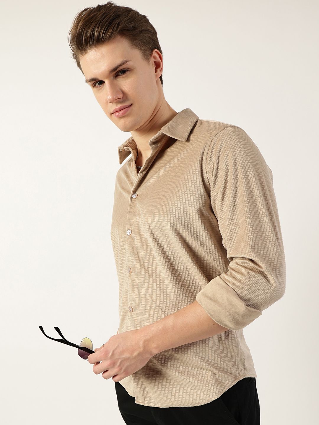 Thomas Scott Men Classic Spread Collar Textured Solid Slim Fit Casual Shirt