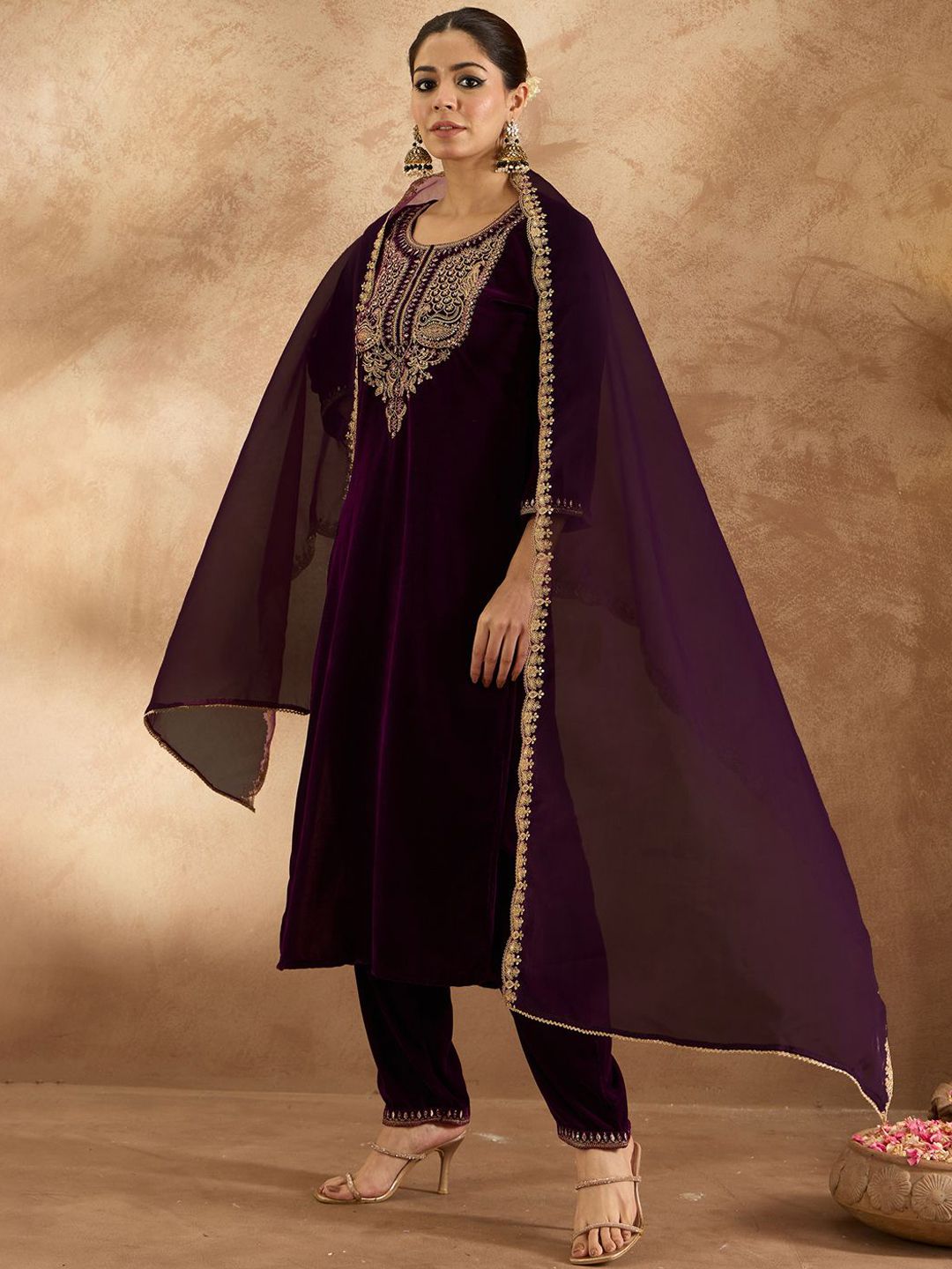 Indo Era Women Ethnic Motifs Embroidered Regular Velvet Kurta with Trousers & With Dupatta