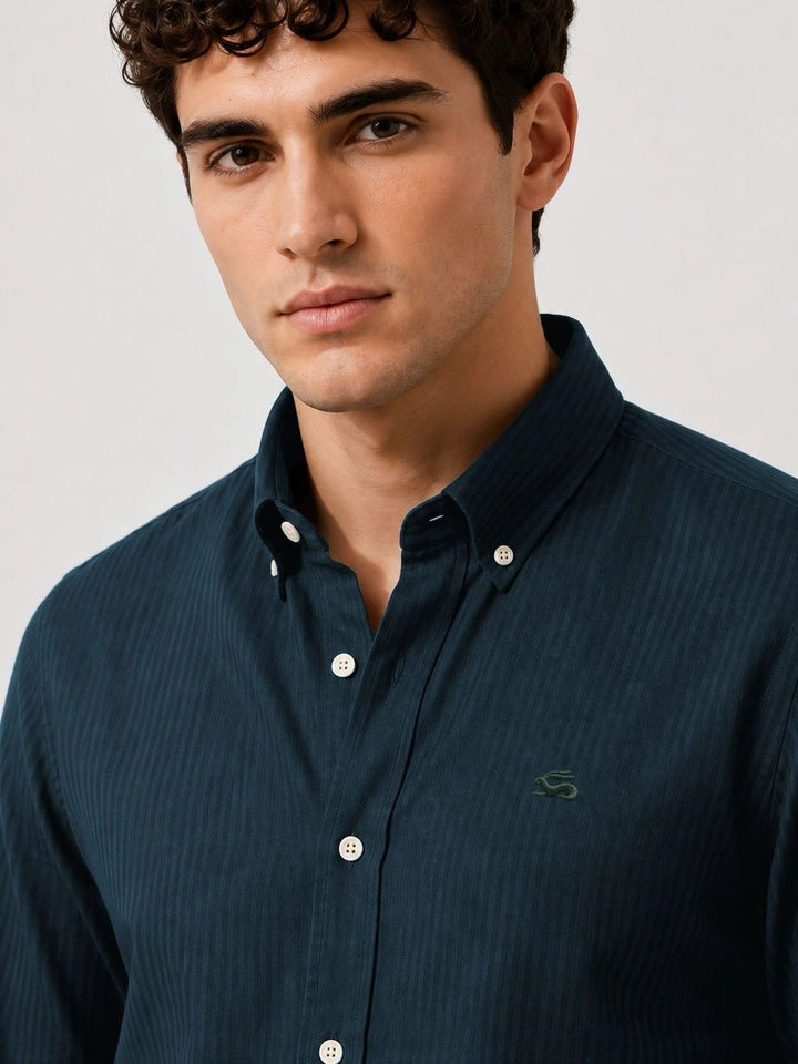 ADRO Men Teal Blue Striped Regular Fit Casual Cotton Shirt