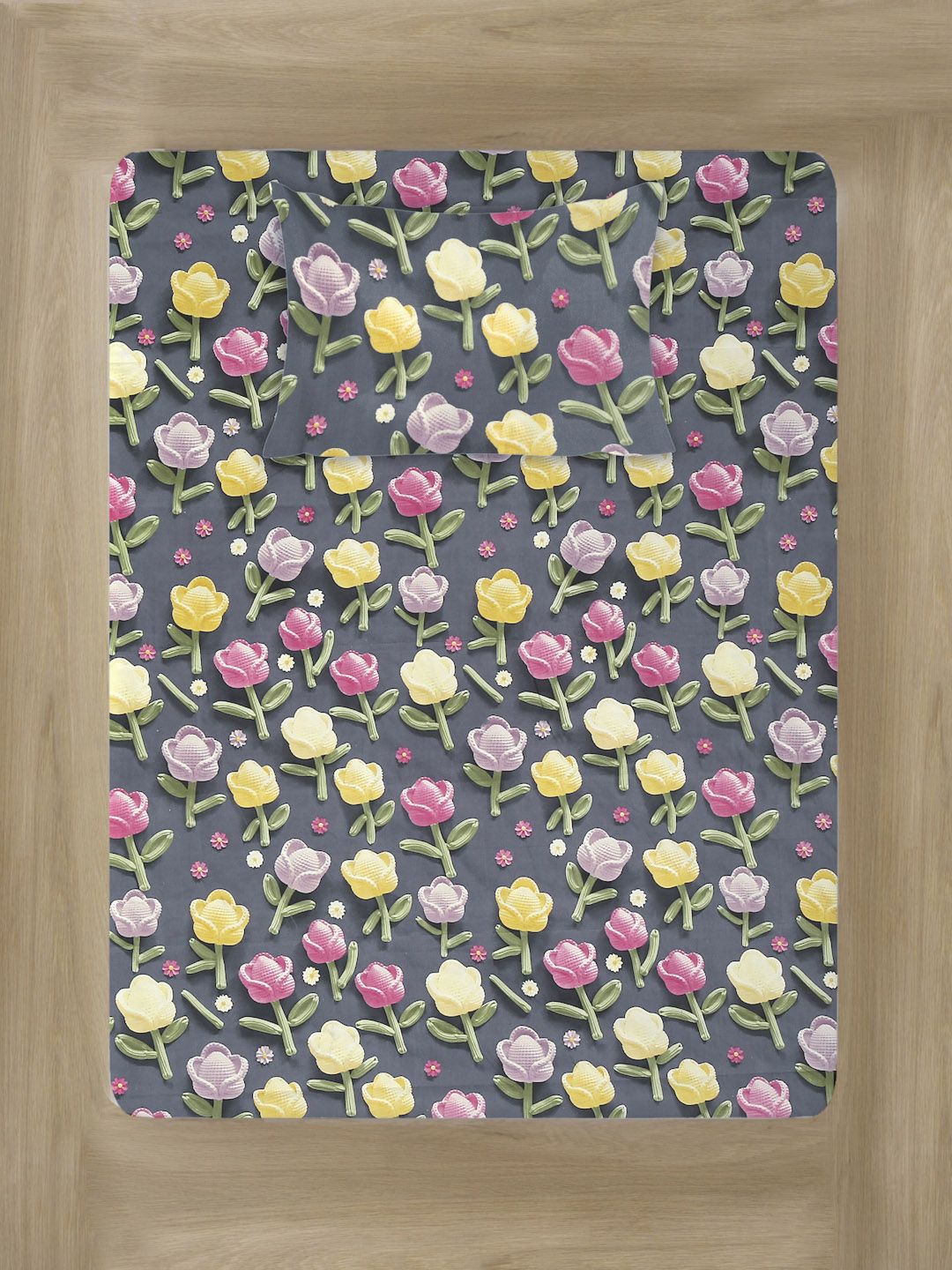 KLOTTHE Bercetak Bunga Kelabu & Kuning Dilengkapi Cadar 7D Single 300TC Dengan Sarung Bantal