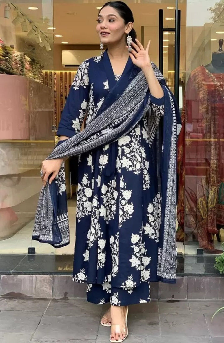 KALINI Floral Printed V-Neck Pleated A-Line Kurta With Trouser And Dupatta
