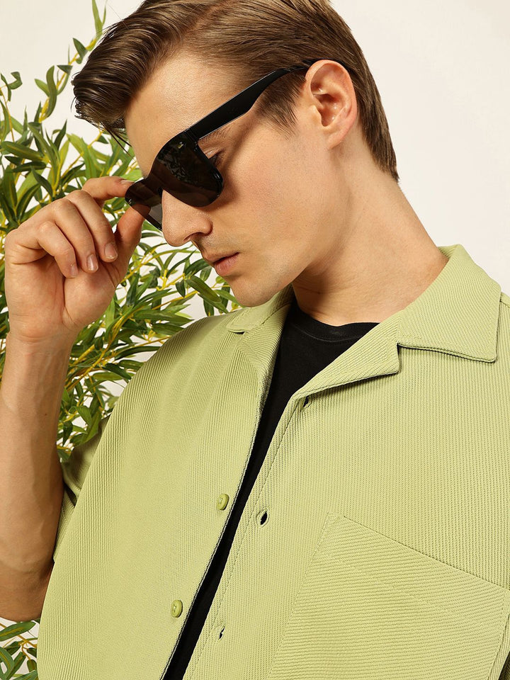 Thomas Scott Men Premium Cuban Collar Textured Cotton Casual Shirt