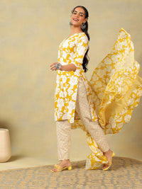 Mamicha Women Floral Printed Regular Mirror Work Pure Cotton Kurta with Trousers & With Dupatta