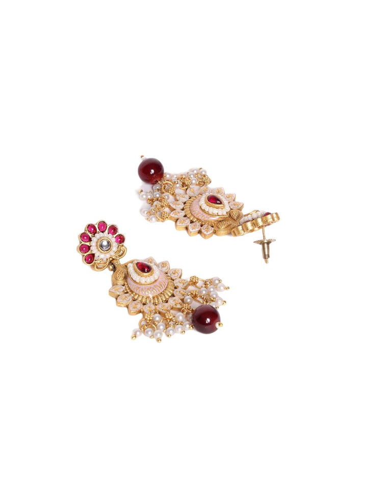 PANASH Gold-Plated Contemporary Stone Studded & Beaded Drop Earrings