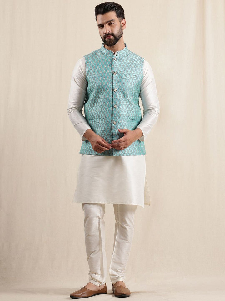 Anouk Men Kurta with Pyjamas with Woven Design Blue Nehru Jacket