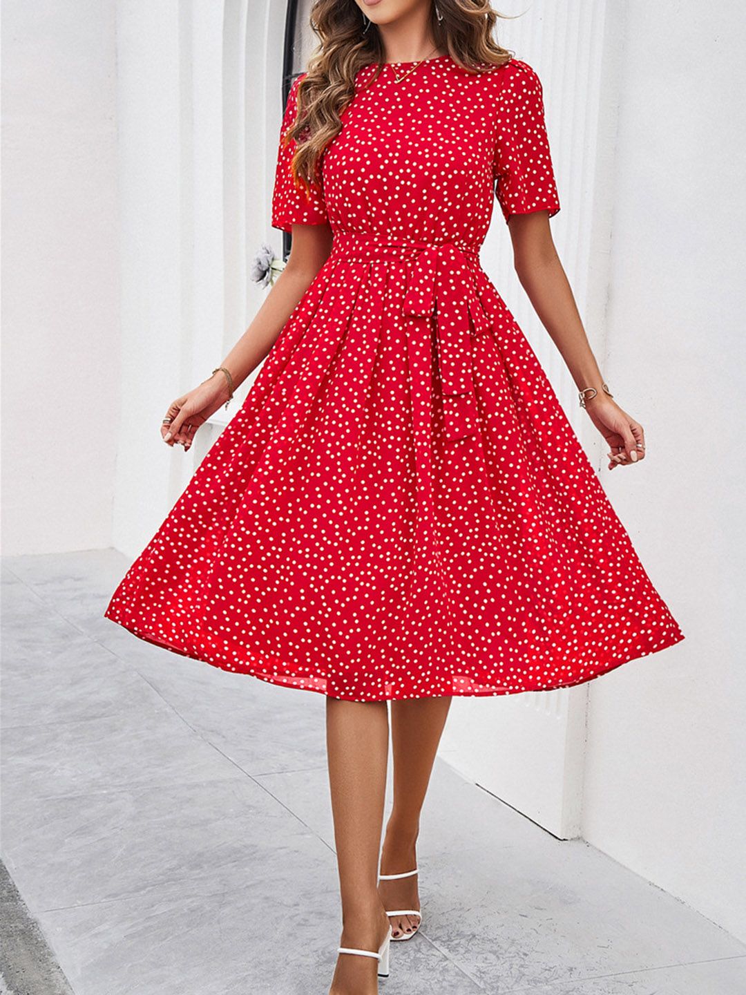 all about you Polka Dot Print Puff Sleeves Fit & Flare Dress