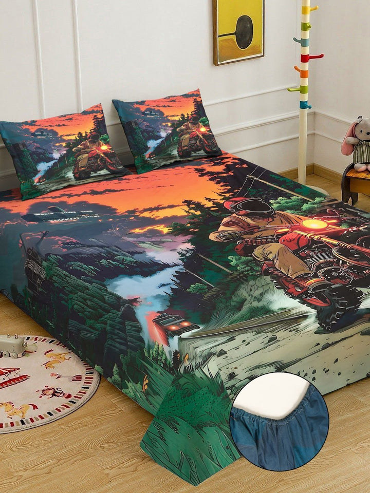 Myntra Elegant Homes Green Graphic 300 TC King Bedsheet with 2 Pillow Covers