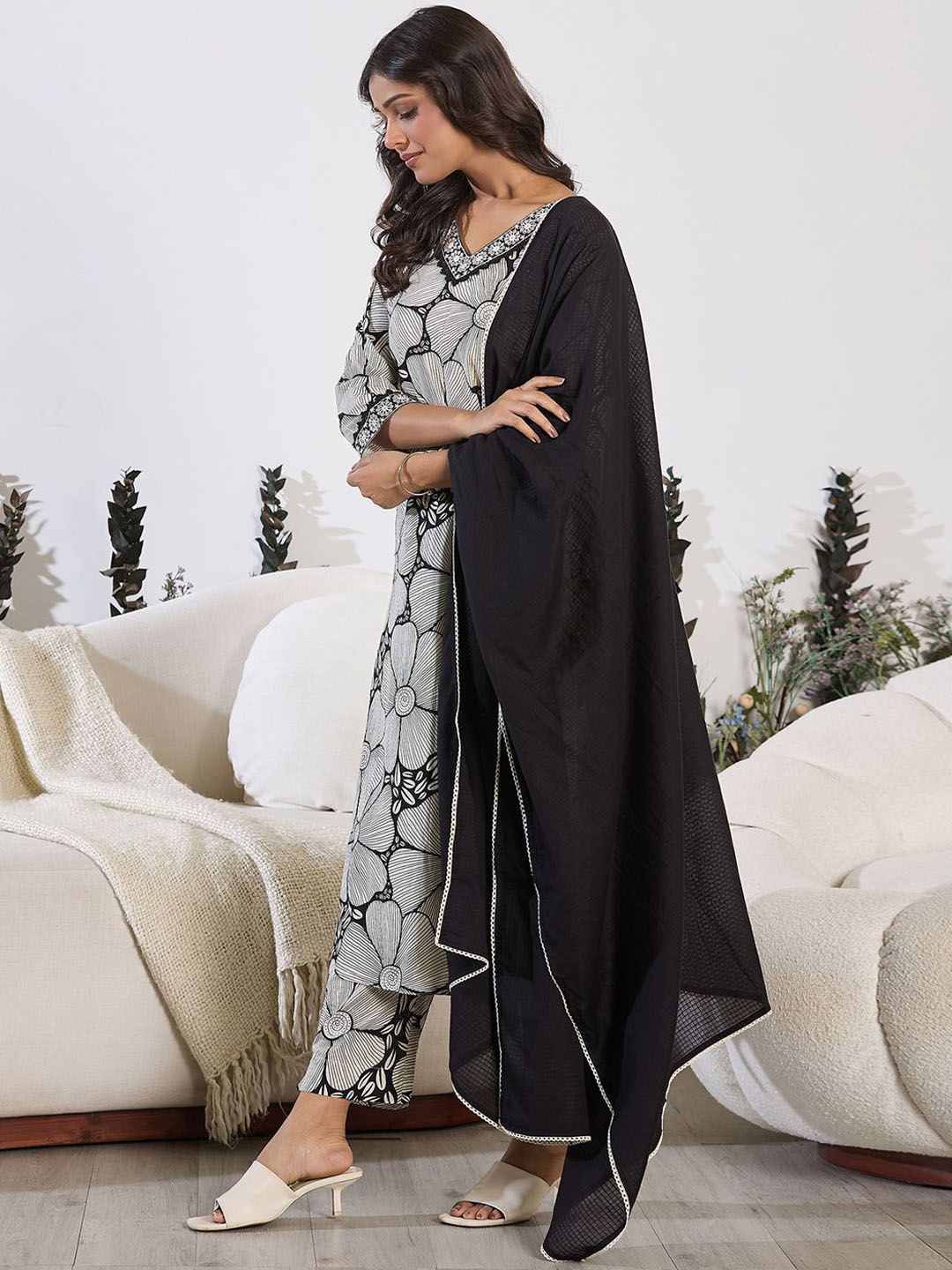 Indo Era Floral Printed Sequinned Pure Cotton Straight Kurta with Trouser & Dupatta