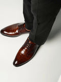 Monkstory Glossy Croc-Effect Lace-Up Oxfords - Coklat Burnish