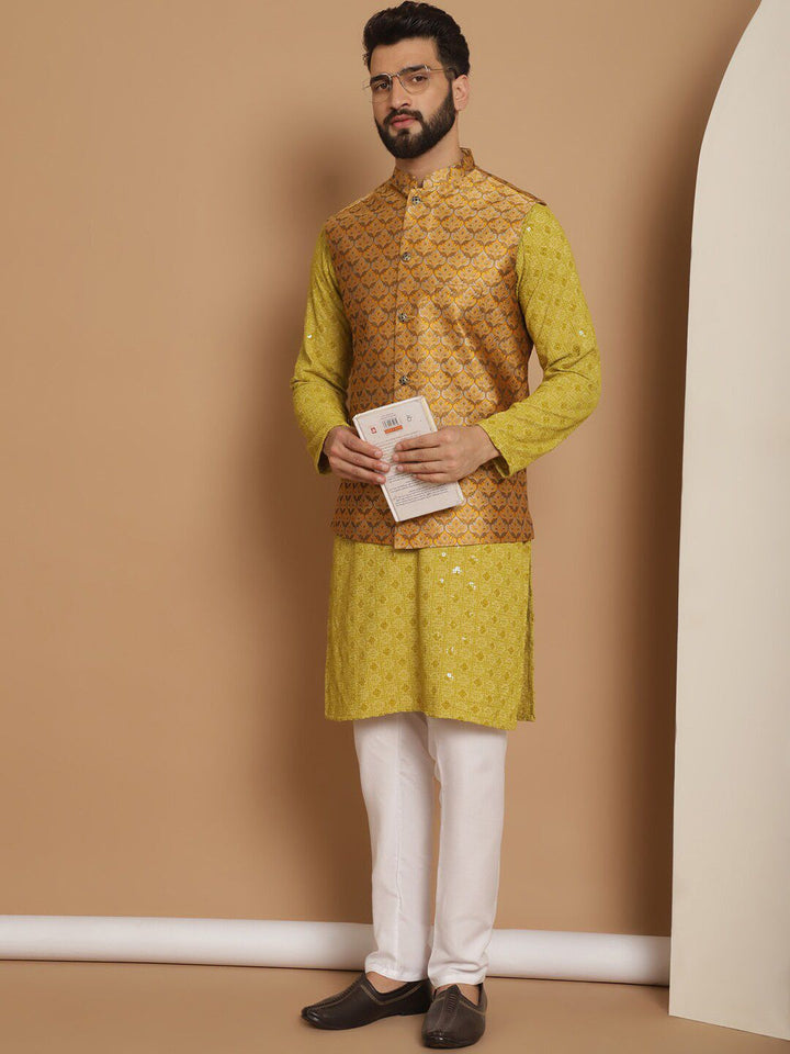Anouk Green Ethnic Motifs Woven Design Straight Kurta With Churidar & Nehru Jacket