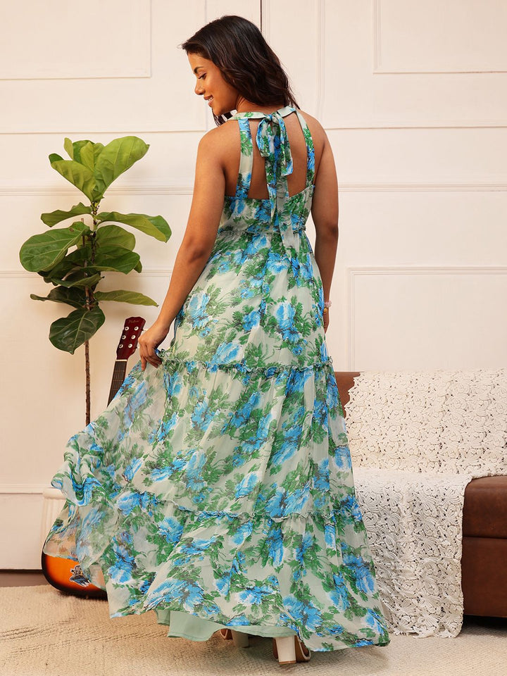 QUIERO Print Halter Neck Chiffon Fit & Flare Women Maxi Dress