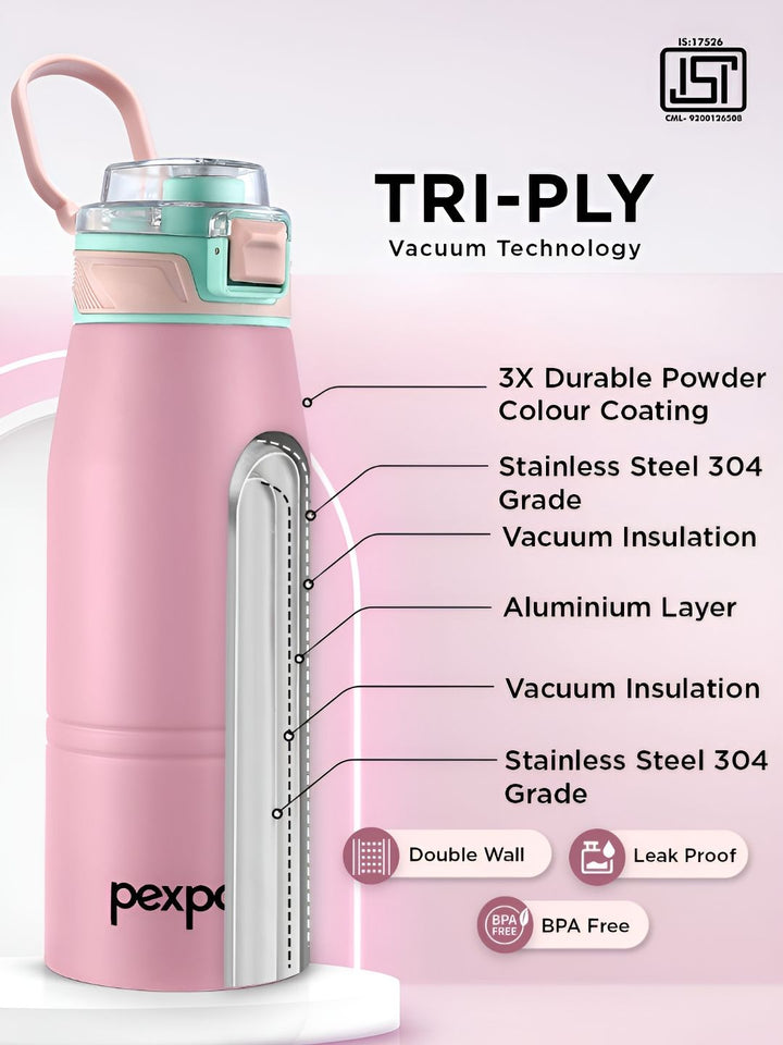 Pexpo Pink & Green Try Ply Stainless Steel Double Wall Vacuum Water Bottle 740 ml
