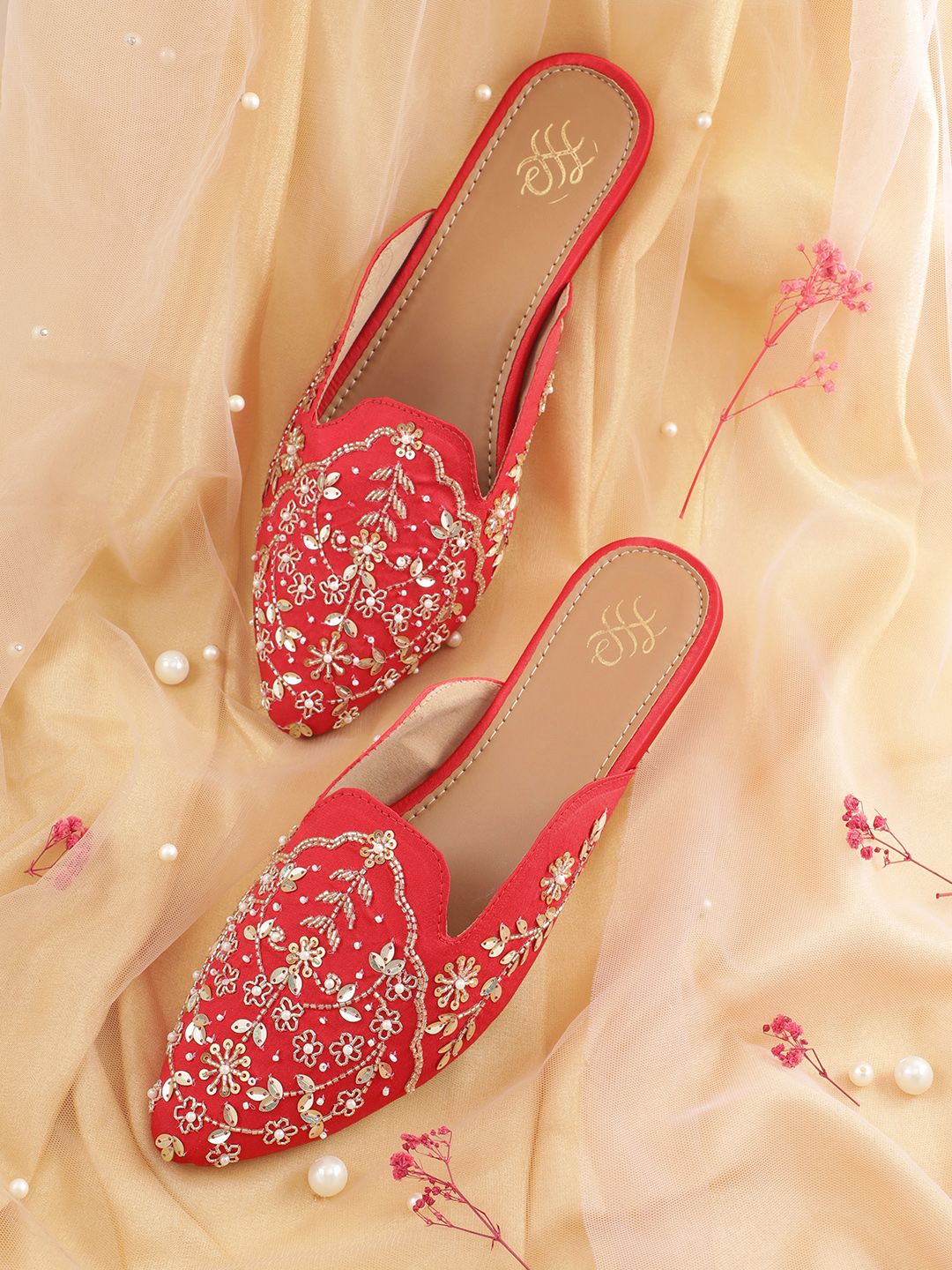 House of Pataudi Floral Embellished Mules