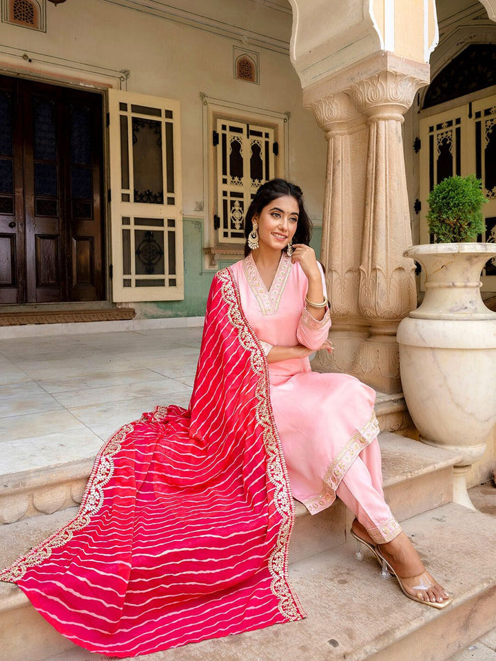 KALINI Floral Yoke Design Zari Gotta Patti Kurta with Trousers & Dupatta